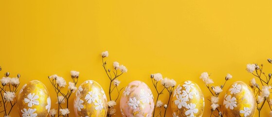Easter composition with Easter eggs with golden accents aligned with delicate flowers against a yellow background, line composition. Easter card with copy space