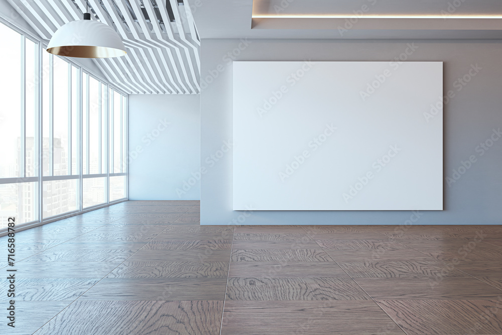 Poster empty modern spacious interior design with empty white mock up banner, panoramic windows and city vi