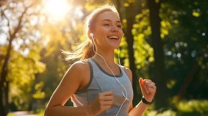 Fotobehang Smiling young woman listening to music with earphones while jogging in park  © zakariastts