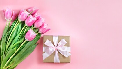 a bouquet of pink tulips and a gift box on a pink backgroundbackground template with copy space