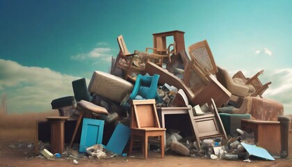 funny broken furnitures trash pile - obrazy, fototapety, plakaty