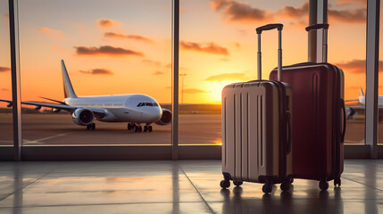 Two suitcases are sitting in front of a window at an airport terminal at sunset or dawn