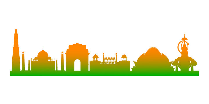 Indian monuments skyline in orange and green gradient