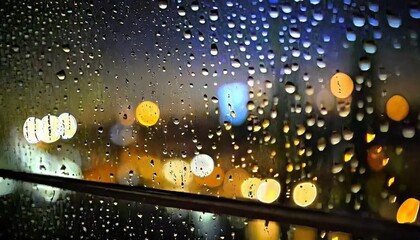 raindrops on windowpane with city lights - obrazy, fototapety, plakaty