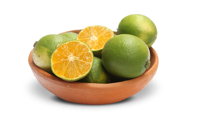 Yellow lemon in a clay bowl. Lemon from Brazil.