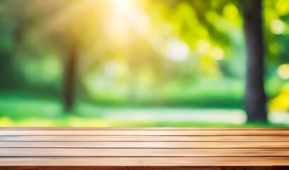 Wooden table in front of blurred nature background with clean space for products