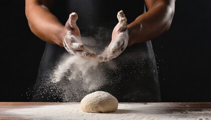 man s hands are all in flour and they are kneading a ball of dough that is pressed and the flour rises into the air creating a cinematicscene on a black background - obrazy, fototapety, plakaty