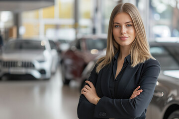 Professional luxury car saleswoman in luxury showroom. Auto dealership office. Car dealer business. portret woman in showroom.