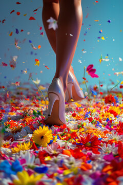 Female beautiful legs in stylish beautiful high heel shoes trample colorful various flowers.