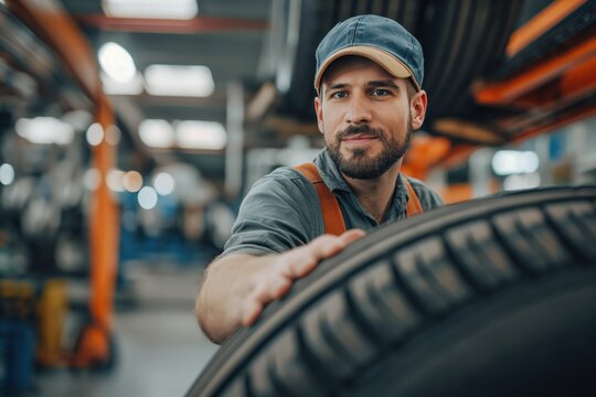 Portrait of professional mechanic and new car tyre at auto repair shop. Technician man at auto repair service center. Changing tire shop. Repair or maintenance auto service