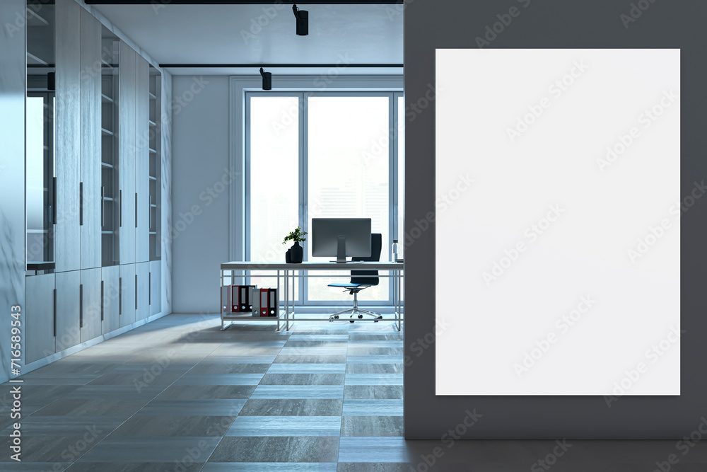 Poster modern office interior with empty white mock up poster, panoramic windows and city view, workplace a