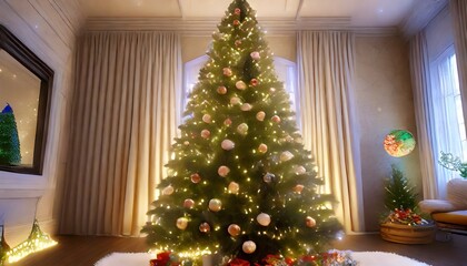 Fototapeta na wymiar christmas tree decorated with lights ornaments