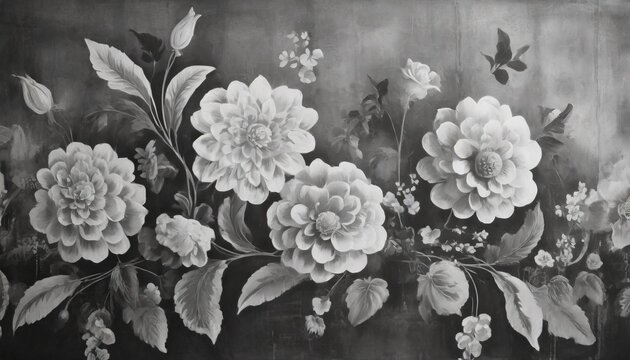 art painted flowers on the textured wall photo wallpaper in the interior in black and white style