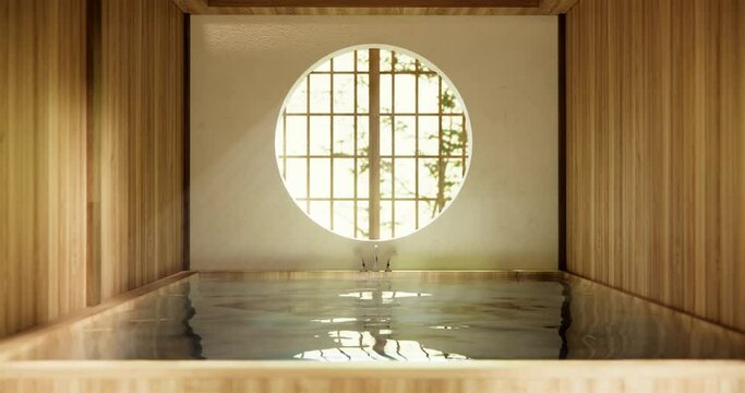 Wooden onsen Japan bathroom modern Onsen minimal style .3D rendering