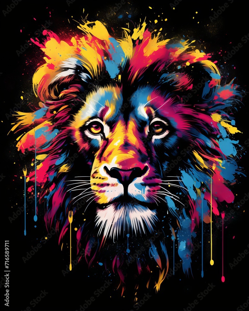 Poster Airbrushed t-shirt design of a majestic lion with colorful paint splashes