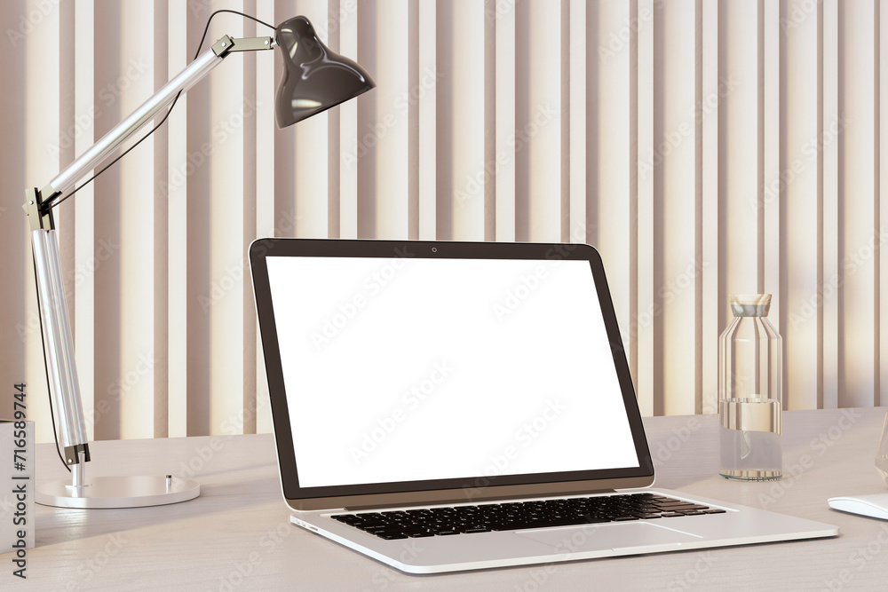 Poster laptop on desk with lamp and glass bottle, minimalist design in bright interior. 3d rendering