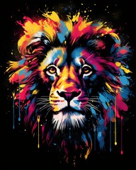 Airbrushed t-shirt design of a majestic lion with colorful paint splashes