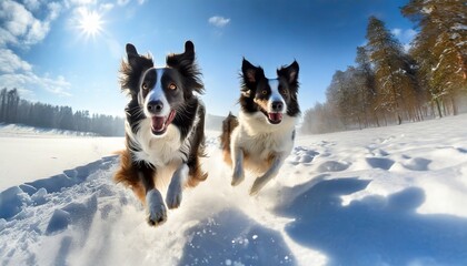 two border collie dogs running in the snow on a winter day
