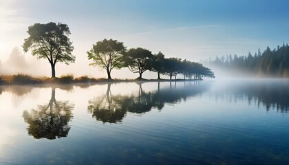 trees reflection at lake foggy morning - obrazy, fototapety, plakaty