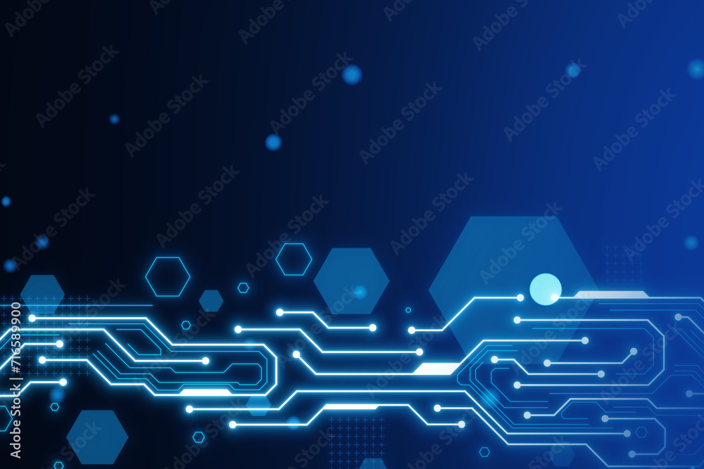Poster Abstract lines and dots, hexagons connect dark wallpaper. Technology connection digital data and big data concept. 3D Rendering.
