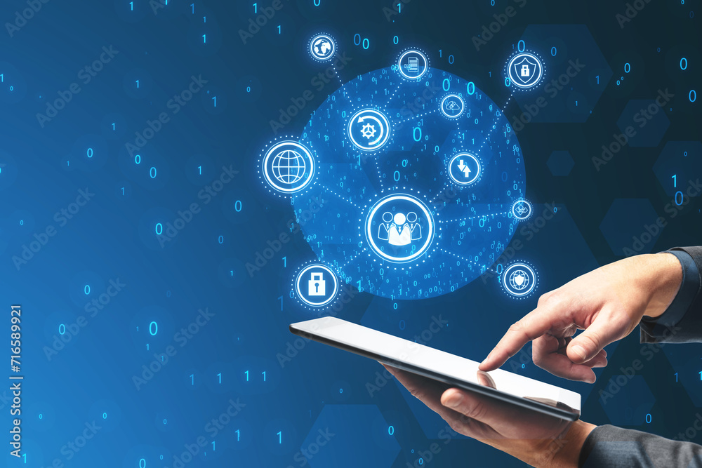 Aufkleber Close up of businessman hands using smartphone with connected digital business interface with various icons and binary code on blurry background. Software development, global business and ai concept.