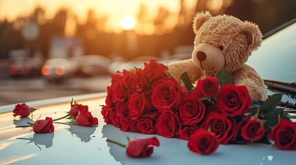 Teddy bear beside big bouquet of roses on a car roof. present for lovely girlfriend, wife or women. Valentines day romantic concept