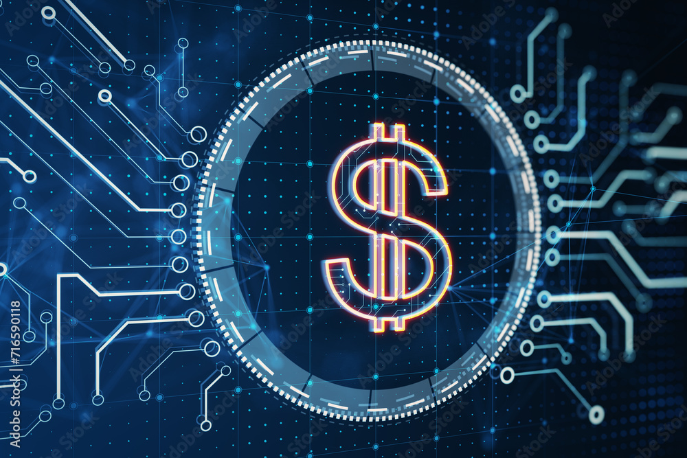Poster Neon dollar sign with circuit and blockchain elements. Global economy and digital finance concept. 3D Rendering