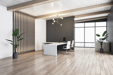 Sleek modern office interior with a wooden feature wall and urban view. Minimalist design concept. 3D Rendering