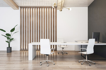 Contemporary office setting with decorative wooden slats and white furniture. Clean design concept. 3D Rendering