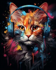 Psychedelic t-shirt design of a colorful cat listening to music on a black background