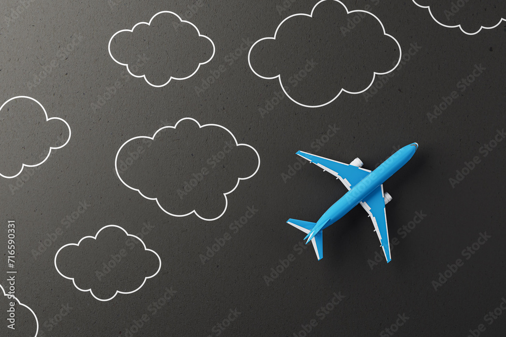 Poster creative white airplane and drawn clouds on black background. 3d rendering.