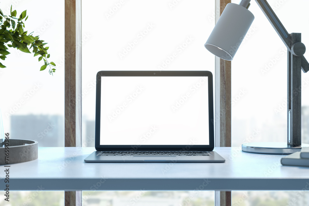 Aufkleber modern designer desktop with white mock up laptop computer, various objects and window with city vie