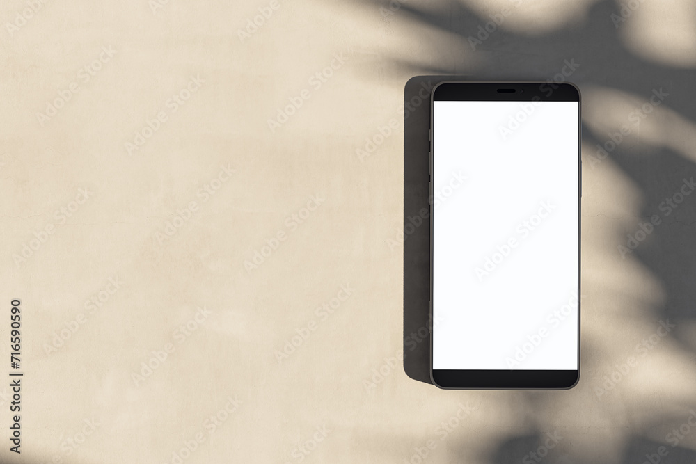 Poster Close up of empty white cellphone on light surface with leaf shadows. Presentation concept. Mock up, 3D Rendering.