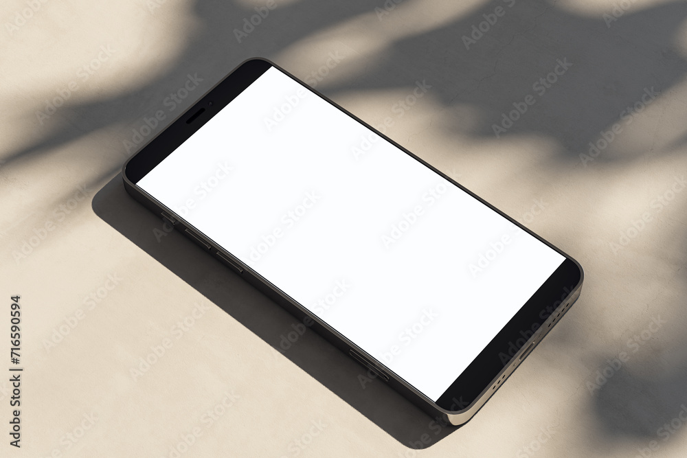Poster Close up of empty white mobile phone on light surface with leaf shadows. Presentation concept. Mock up, 3D Rendering.