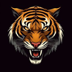 Fierce tiger head with glowing eyes and sharp teeth as a mascot logo for E-sport teams and gamers. Vector illustration of a tiger face on a black t-shirt.