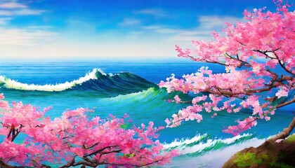 Fototapeta na wymiar abstract hokusai style background waves sea pink sakura trees