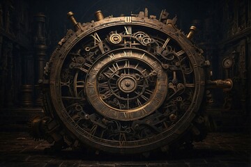 Large Metal Clock in Dark Room, Timekeeper in Dimly Lit Space. Generative AI.
