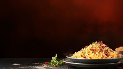 Italian dish based on pasta, carbonara, grated Parmesan, on a solid background, space for text