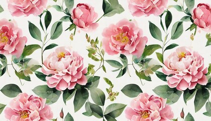 seamless floral watercolor pattern with garden pink flowers roses peonies leaves branches botanic tile background - obrazy, fototapety, plakaty