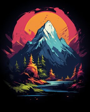 T-shirt design featuring a detailed and outlined painting of a mountain landscape with trees and water, suitable for environmental art and 2d game art