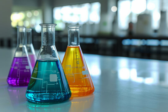 Colourful Laboratory Flasks on Table.
Three lab flasks with vibrant chemicals on a lab bench.