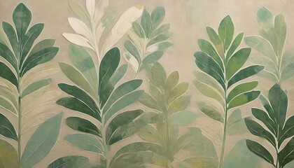 large art painted leaves on a textured wall in pastel colors photo wallpaper for the interior - obrazy, fototapety, plakaty
