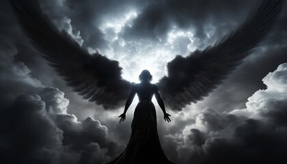 angel lucifer in heaven black clouds mystical atmosphere - obrazy, fototapety, plakaty