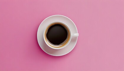 a cup of fresh coffee on pink background - obrazy, fototapety, plakaty