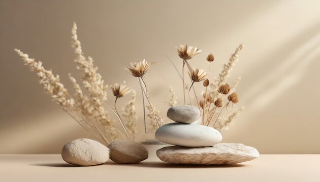 abstract nature scene with composition of stones and dry flowers neutral beige background for cosmetic beauty product branding identity and packaging natural pastel colors copy space front view