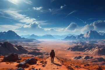 An expansive desert landscape with a solitary traveler standing under a vast, starry sky. - obrazy, fototapety, plakaty