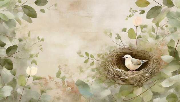 photo wallpaper with birds in a nest on a textured background in leaves in light colors in a pastel style