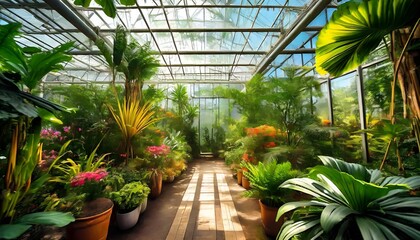 tropical plants in the botanical garden greenhouse art drawing photo wallpaper - obrazy, fototapety, plakaty