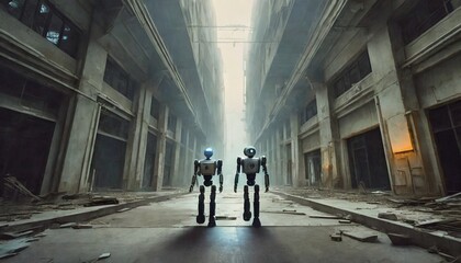 robots walking in the desolated city doom sadness empty buildings catastrophe doom - obrazy, fototapety, plakaty