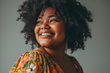 Happy African American woman plus size on gray background. Portrait of a positive plump woman with curly afro hairstyle - obrazy, fototapety, plakaty